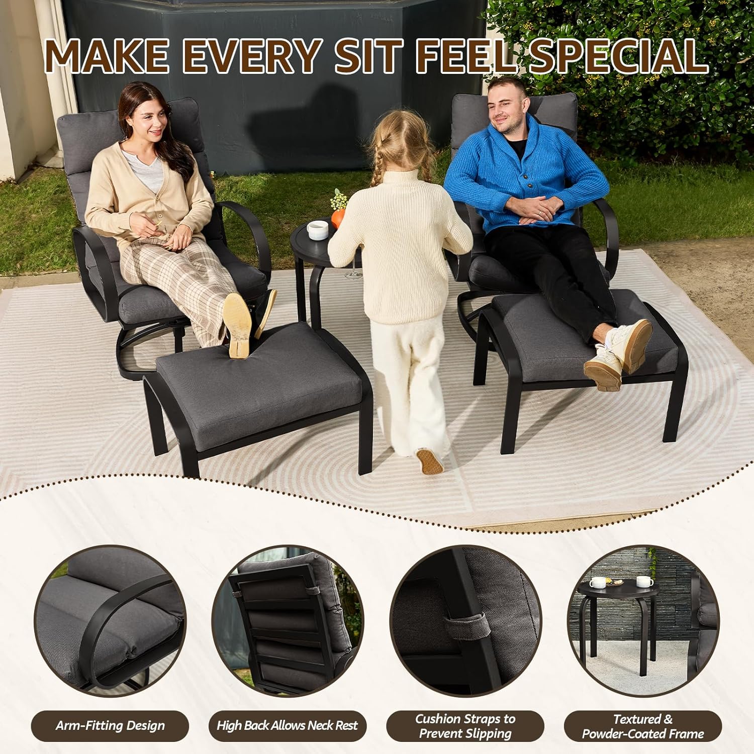NATURAL EXPRESSIONS Patio Furniture Set, 5 Pieces Outdoor Swivel Rocker with Ottoman, High Back, Deep Seating with 5" Olefin Cushion, Patio Rocking Chairs for Porch, Backyard (Dark Grey)