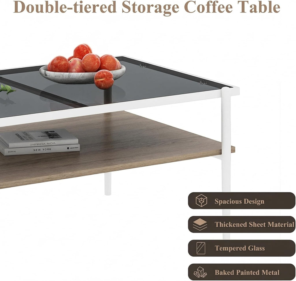 Casaphoria Rectangle Coffee Table with Gray Tempered Glass Top, Modern 2-Tier Center Cocktail Table with White Metal Legs and Wood MDF Storage Shelf for Living Room Apartment, 38 Inch, 220 LBS