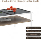 Casaphoria Rectangle Coffee Table with Gray Tempered Glass Top, Modern 2-Tier Center Cocktail Table with White Metal Legs and Wood MDF Storage Shelf for Living Room Apartment, 38 Inch, 220 LBS