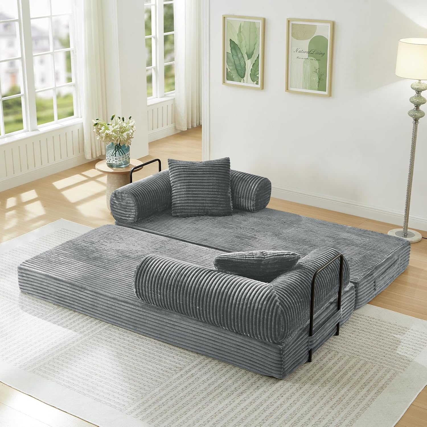 Antetek Modular Couch Bed, Convertible Folding Plush Corduroy Comfy Floor Compression Loveseat Sleeper Sofa Couch, King Size Bed for Guest Room Living Room Bedroom, No Assembly Required, Light Grey
