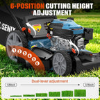 SENIX 21'' Self-Propelled Gas Lawn Mower (FWD)  170 cc 4-Cycle Engine 3.8 HP  3-in-1 (Bagging/Mulching/Side Discharge)  6-Position Cutting Height Adjustment  1.7 Bushels Grass Bag