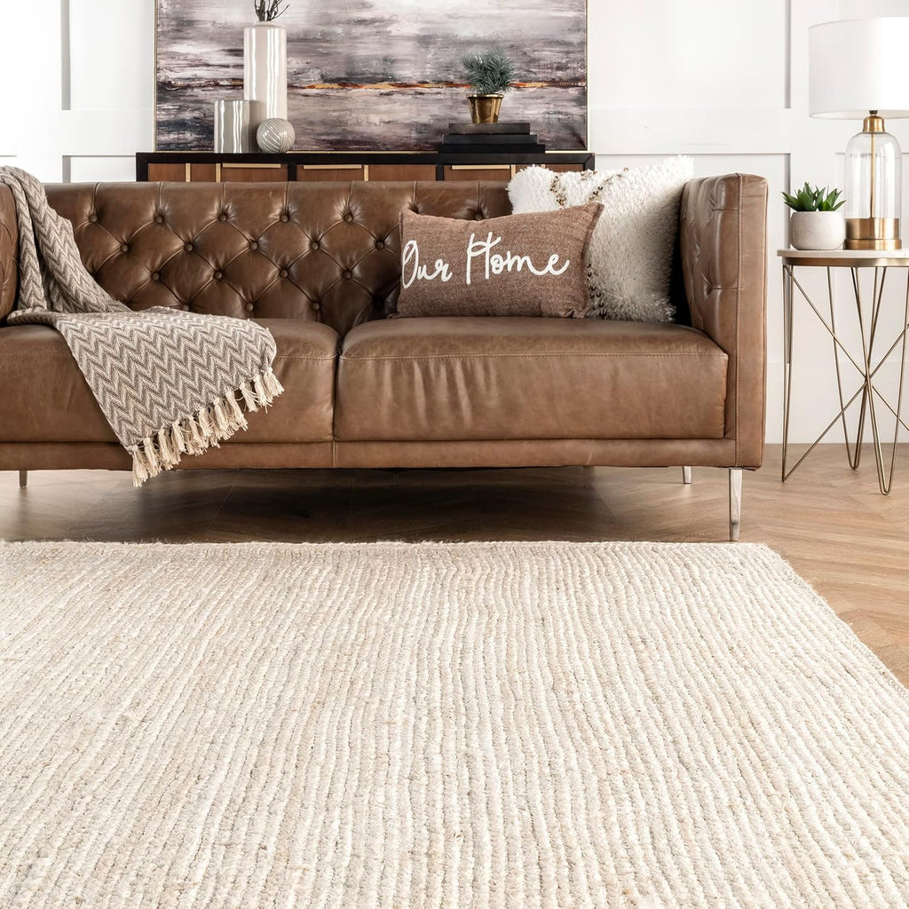 nuLOOM 8 Round Rigo Jute Hand Woven Area Rug, Off White, Solid Farmhouse Design, Natural Fiber, For Bedroom, Living Room, Dining Room, Hallway, Office, Kitchen, Entryway