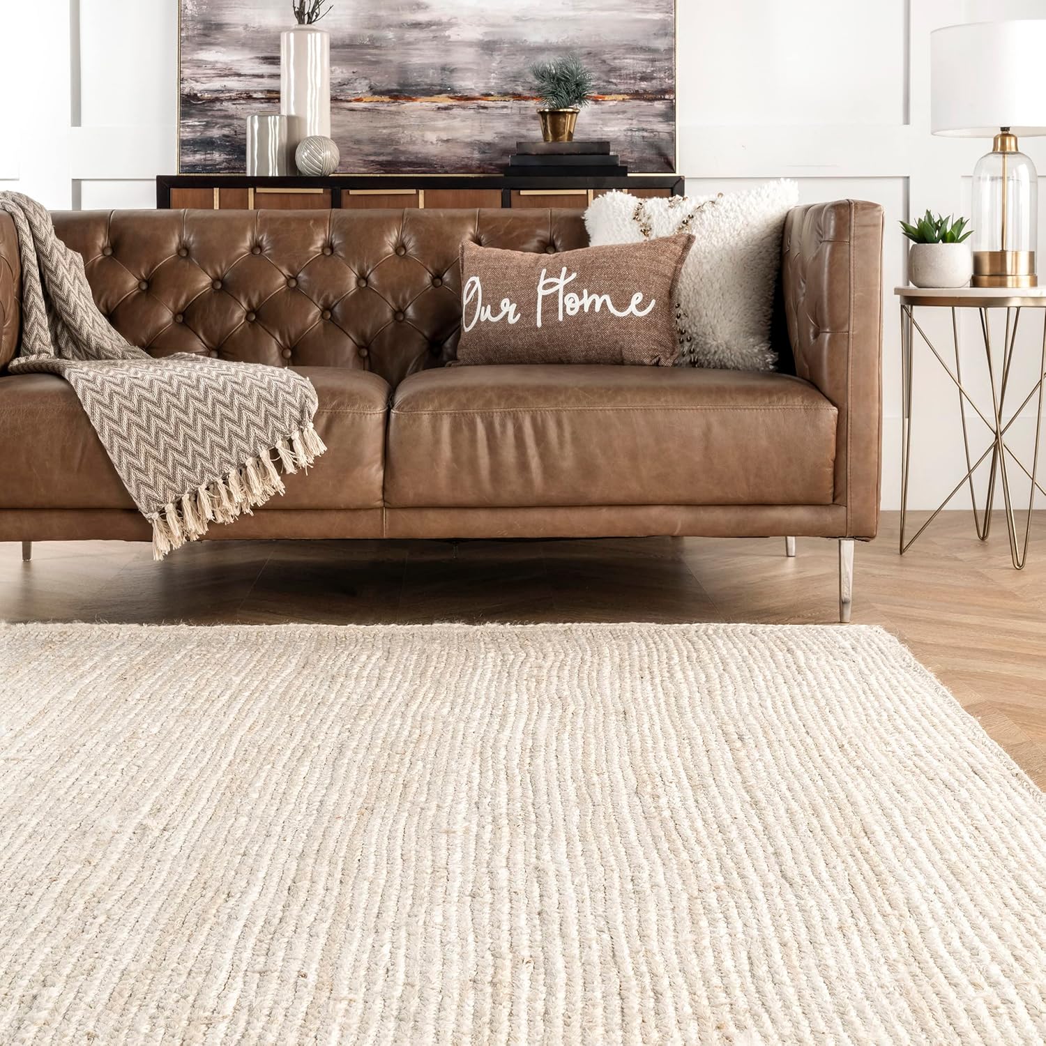 nuLOOM 8 Round Rigo Jute Hand Woven Area Rug, Off White, Solid Farmhouse Design, Natural Fiber, For Bedroom, Living Room, Dining Room, Hallway, Office, Kitchen, Entryway