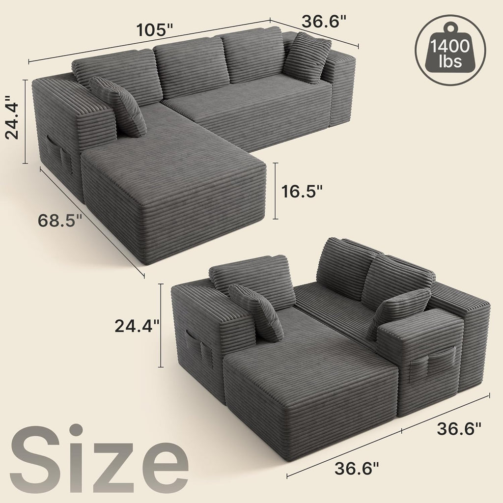 Gizoon 105" Oversized Floor Sofa Sectional, L Shaped Modular Cloud Couch with Chaise, Deep Seat Corduroy Memory Foam Boneless Couch for Living Room, No Assembly (Grey, Left Facing Chaise)