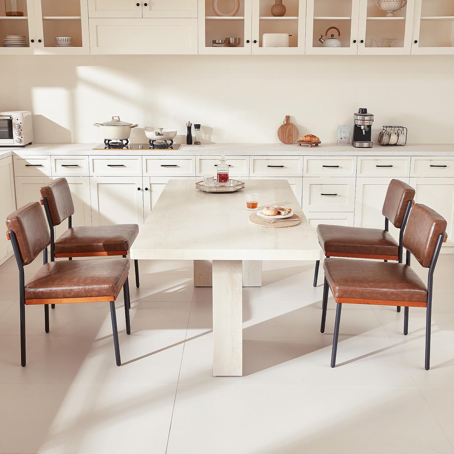 Modern Dining Chairs Set of 4, Kitchen Chairs with Thick Cushions and Adjustable Foot Pads, Upholstered Faux Leather Dining Room Chairs with Sturdy Metal Legs,Coffee