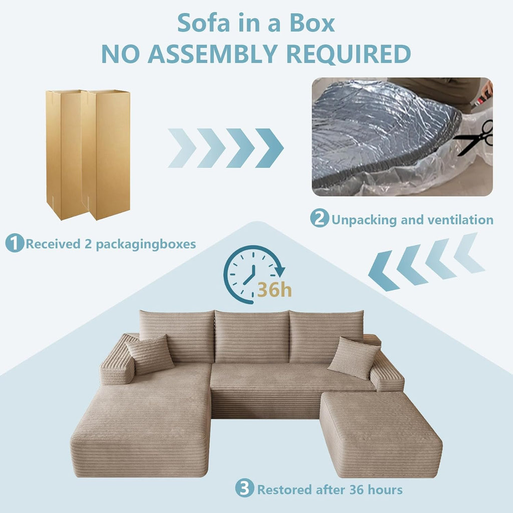 95" Cloud Sectional Couch with Ottoman,Modern U-Shaped Cloud Couch with Deep Seat,Comfy Corduroy 3-Seater Sofa,Memory Foam Sofa for Living Room,No Assembly (Camel,Left-Facing Chaise)