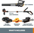 WORX 20V 12'' Cordless String Trimmer & 360 CFM Leaf Blower Combo, 2 Batteries & Charger Included, WG928