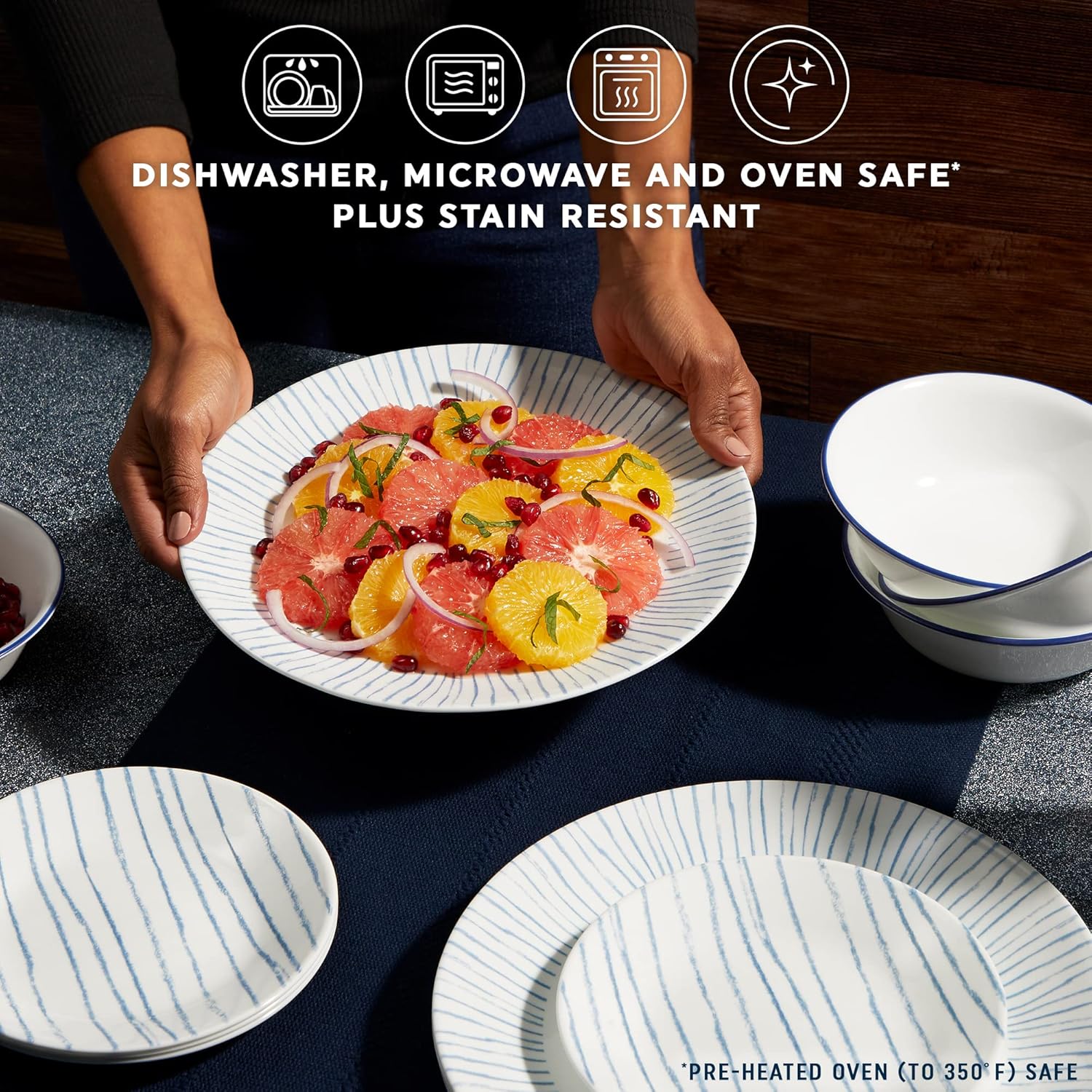 Corelle 18-Piece Dinnerware Set Service for 6, Lightweight Round Plates and Bowls Set, Vitrelle Triple Layer Glass, Chip Resistant, Microwave and Dishwasher Safe, Nautical Stripes