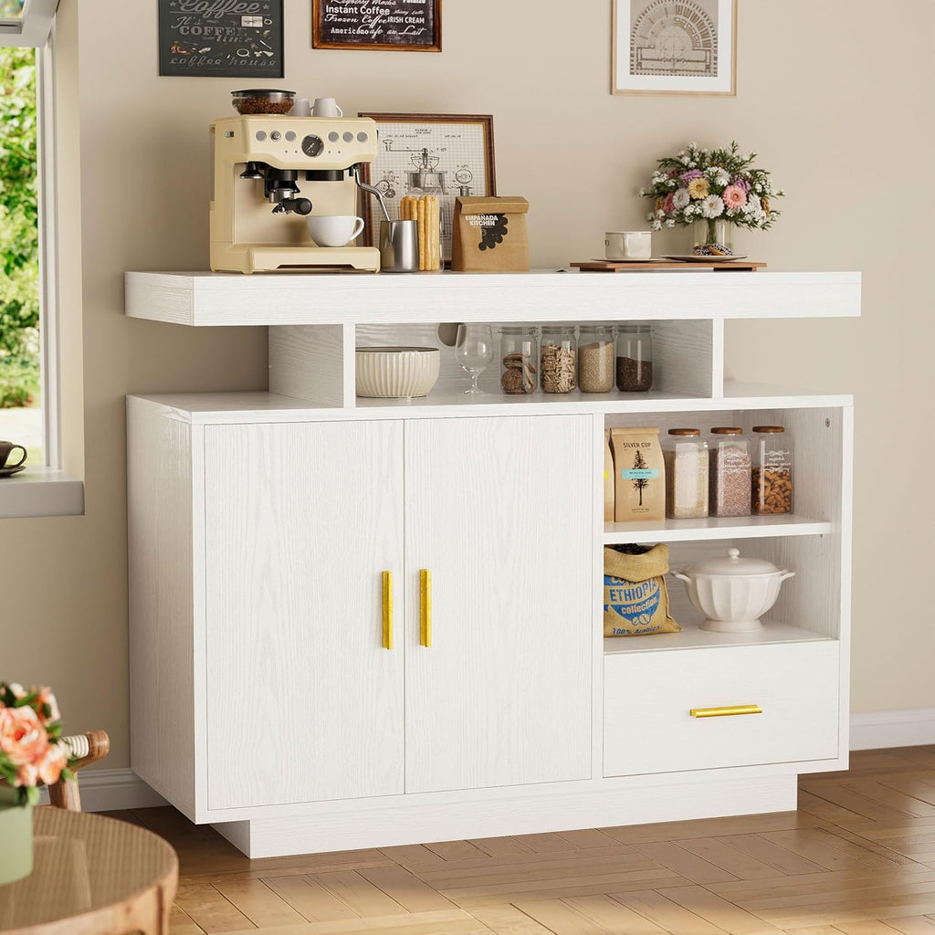 IRONCK Buffet Cabinet, Coffee Bar Cabinet with Power Outlet and LED Light, Sideboard with Drawer, Storage Cabinet with Doors and Shelves for Kitchen, White