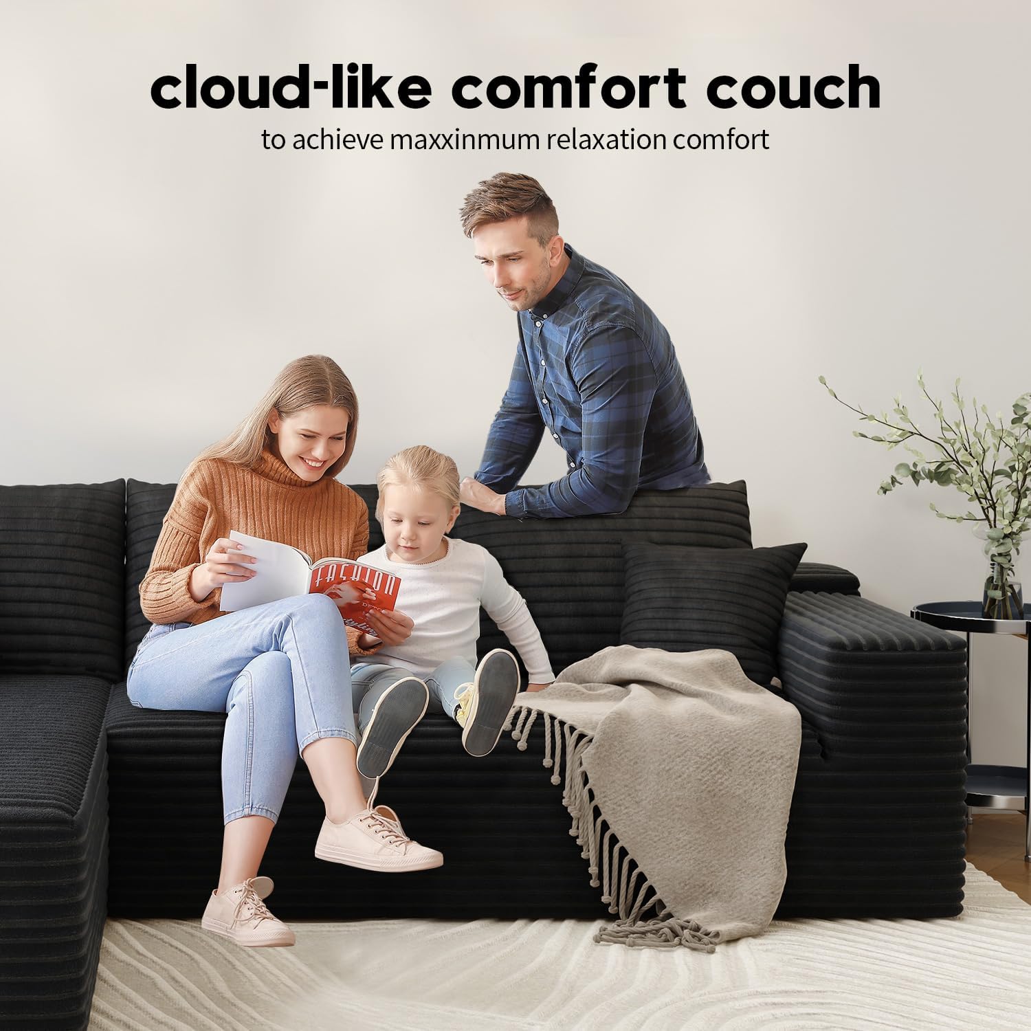 107.5" Cloud Modular Sectional Sofa with 1 Ottoman,Modern Minimalist Upholstered Couches, Comfort U Shaped Sofa for Living Room,Deep Seat Corner Couch .No Assembly Required (Black,Left Facing Chaise)