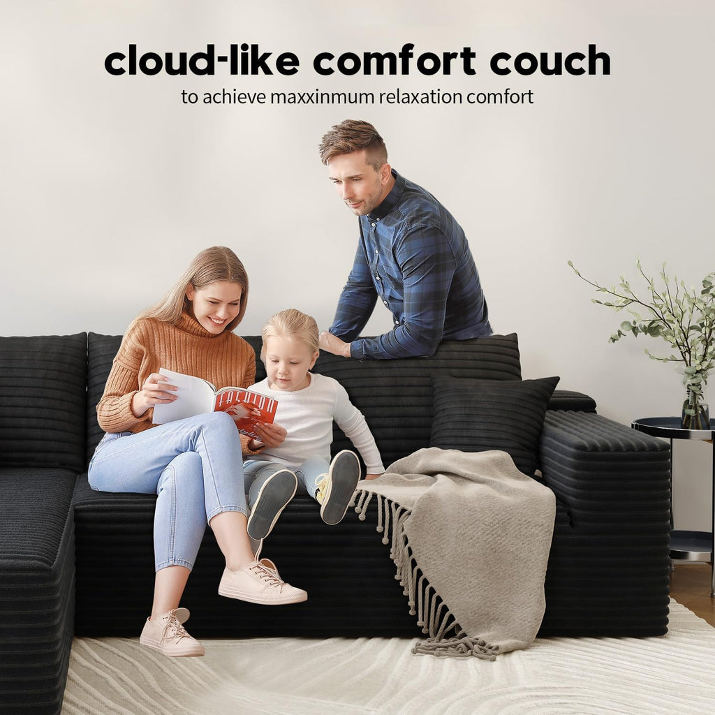168.5" Modular Sectional Sofa, Oversized U-Shaped Minimalist Couches with 1 Middle Seat and 2 Ottomans Chaise, Modern Deep Seat Convertible Sleeper Sofa, Cloud Plush Corduroy Fabric,7 Seater, Black