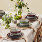 KINGSTONE Stoneware Dinnerware Sets for 4, 12-Piece Reactive Glaze Plates and Bowls Sets, Scratch-Resistant Rustic Ceramic Dish Set for Daily Party Gifts, Microwave Dishwasher Safe, Kiln-Fired Green