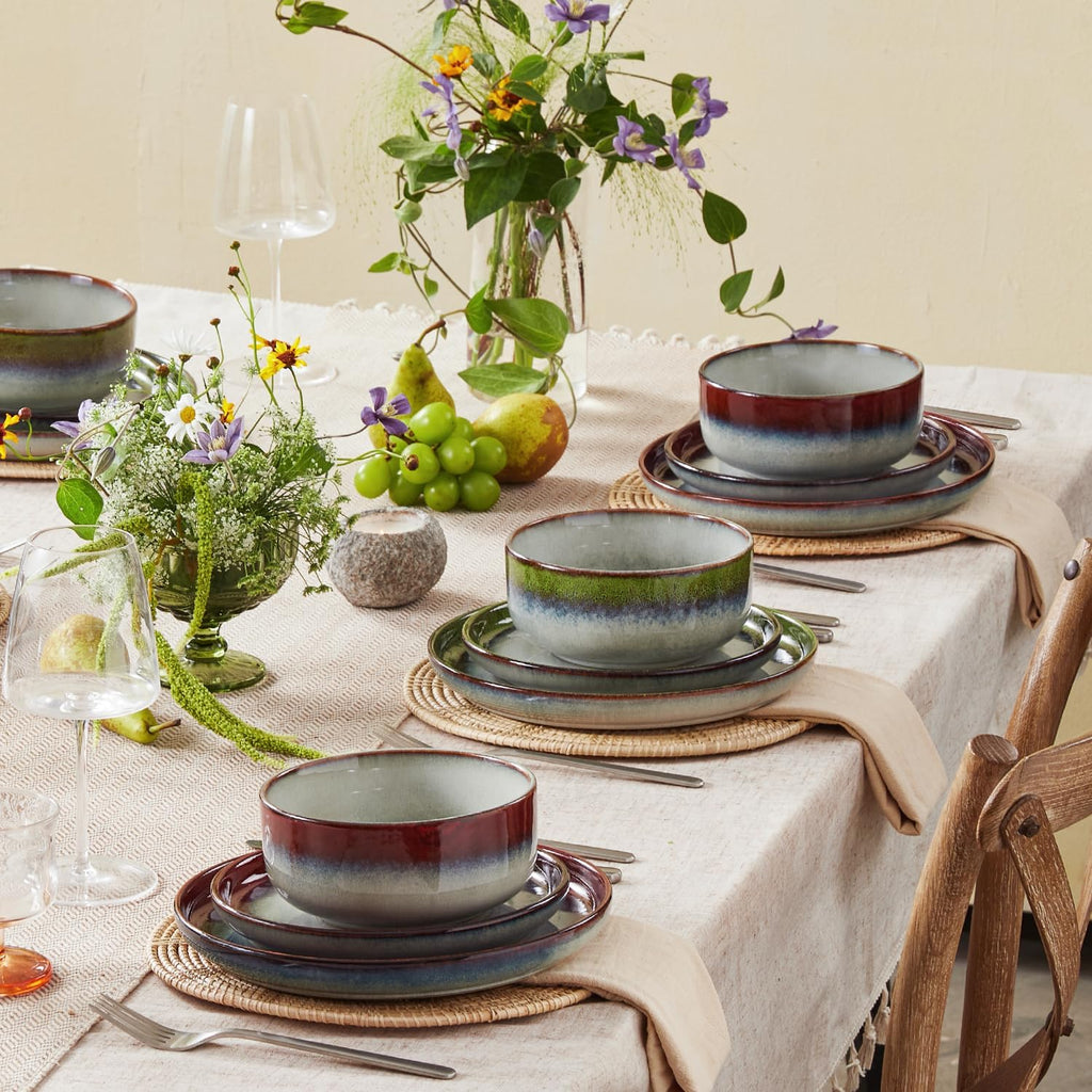 KINGSTONE Stoneware Dinnerware Sets for 4, 12-Piece Reactive Glaze Plates and Bowls Sets, Scratch-Resistant Rustic Ceramic Dish Set for Home Kitchen, Microwave and Dishwasher Safe, Kiln-Fired Red