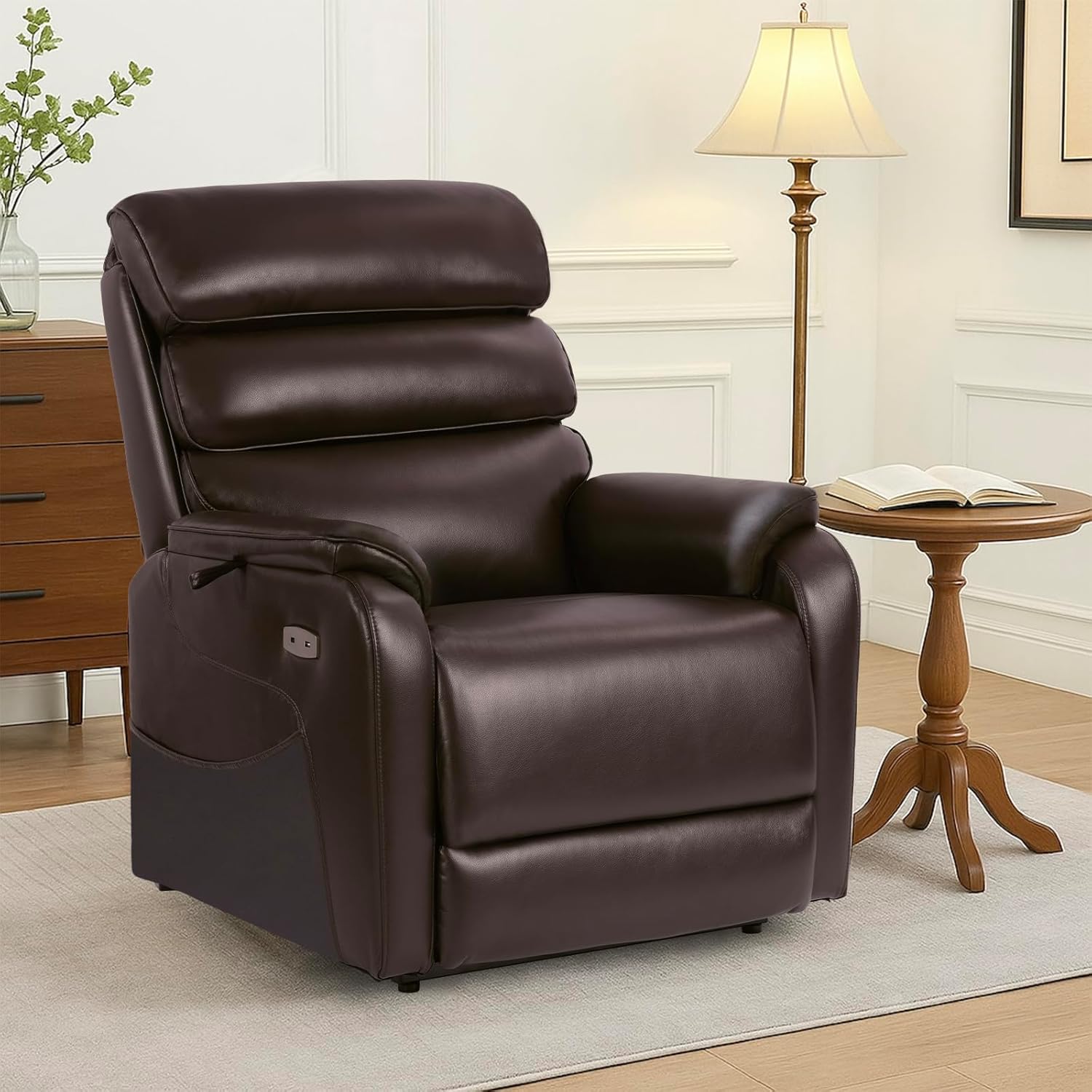 EONIX Clearance Dual Motor Lay Flat Power Lift Recliner Chair for Elderly with Heat and Massage, Electric Leather Lift Chair with Charging Ports, FSC Oeko 400lbs Heavy Duty, SLRY003061, Dark Brown