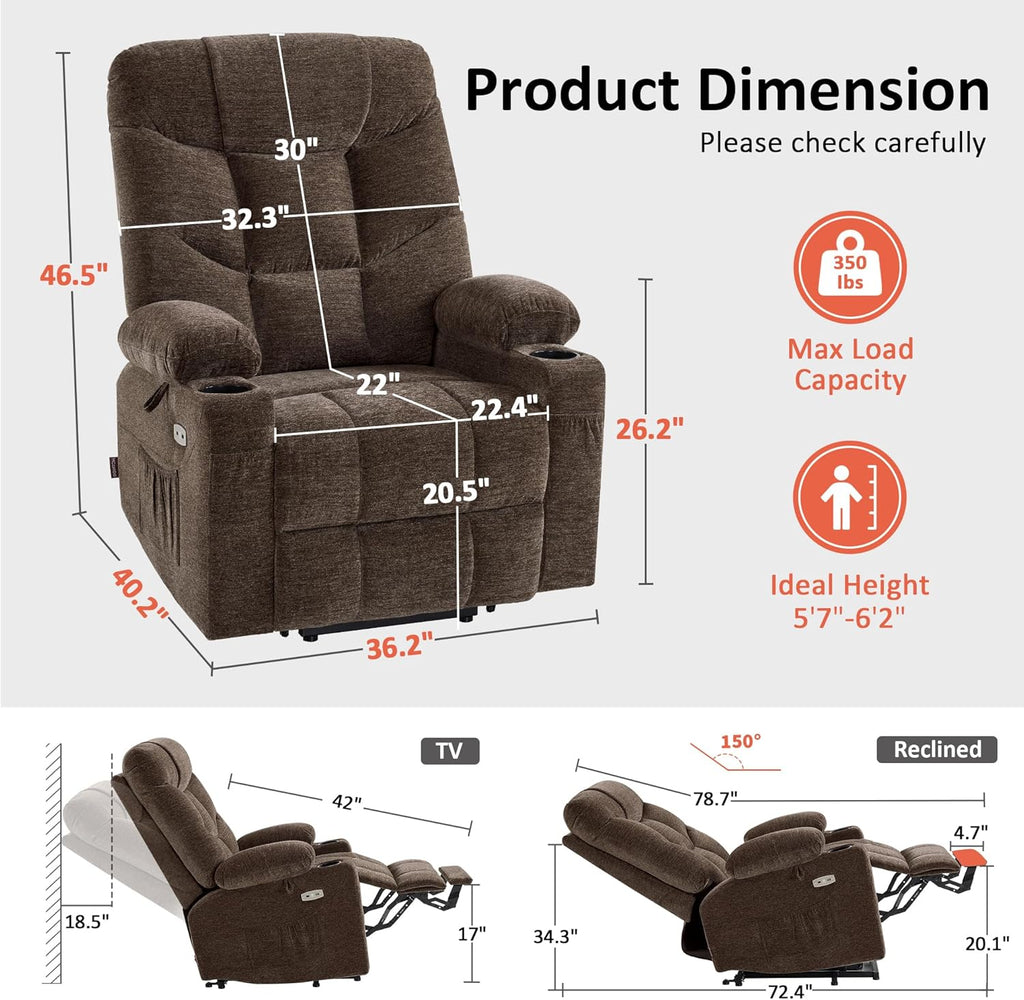 MCombo Power Lift Recliner Chair with Extended Footrest for Elderly People, Fabric 7283 (Brown, Large)