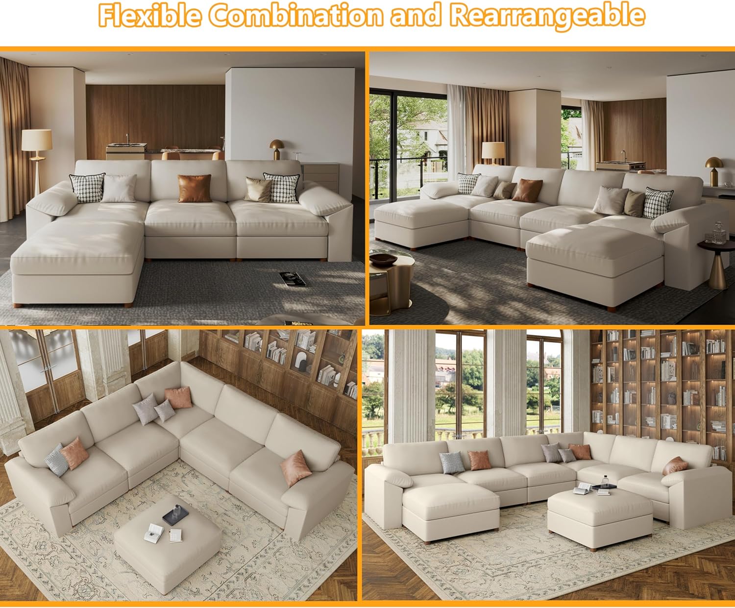 EASE MOOSE Oversized Modular Sectional Sofa,Leather Sectional Couch with Deep Seat,Extra Large U Shaped Couch,Faux Leather Material Sofa Modern Comfy Scratch Resistant,Beige