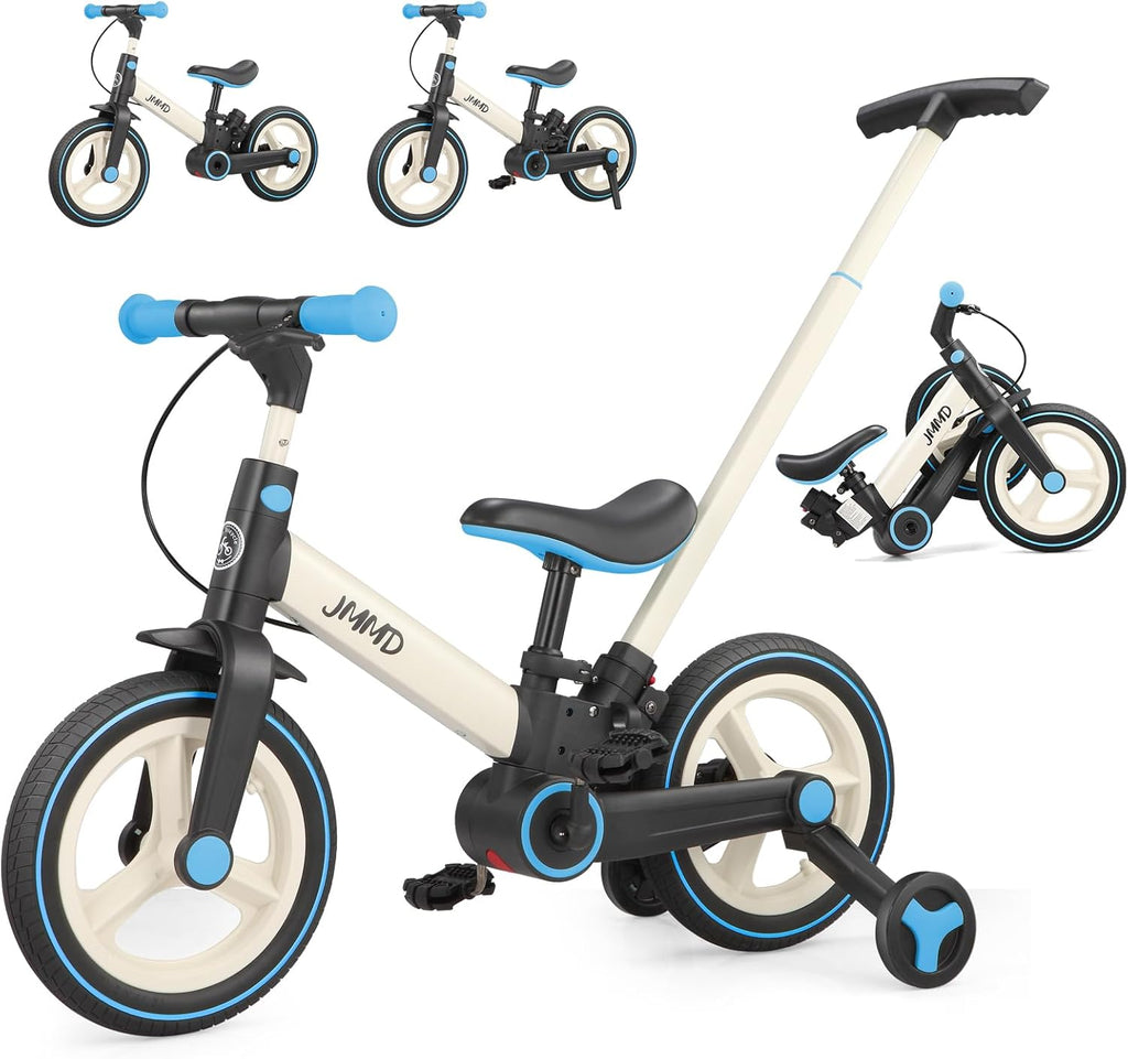 JMMD 6 in 1 Toddler Bike with Push Handle for Kids 18-60 Months, 12" Foldable Balance Bike with Training Wheels, Pedals, Brakes, Kickstand, Push Tricycle Toddler Gift & Toys for Boy & Girl