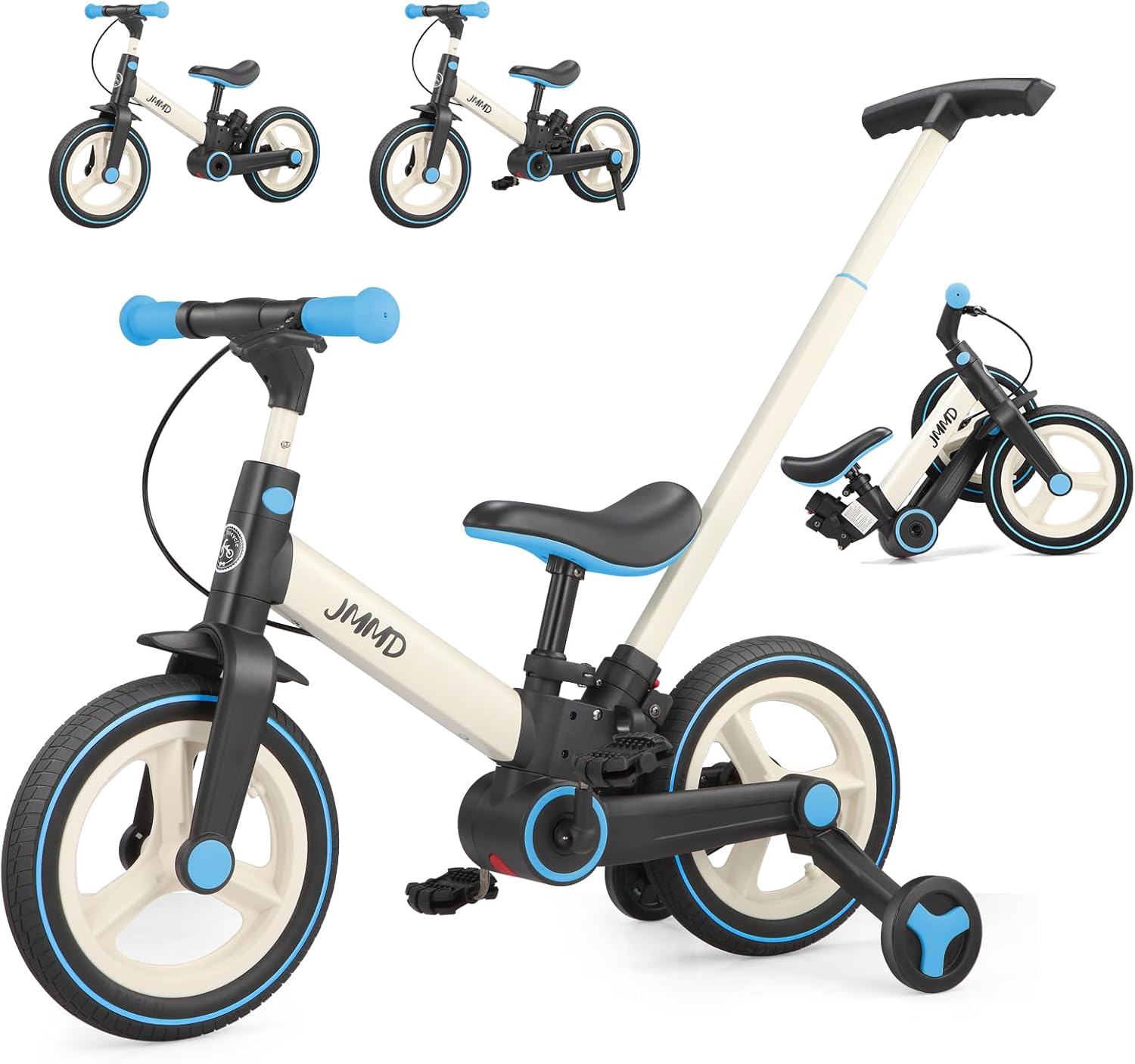 JMMD 6 in 1 Toddler Bike with Push Handle for Kids 18-60 Months, 12" Foldable Balance Bike with Training Wheels, Pedals, Brakes, Kickstand, Push Tricycle Toddler Gift & Toys for Boy & Girl