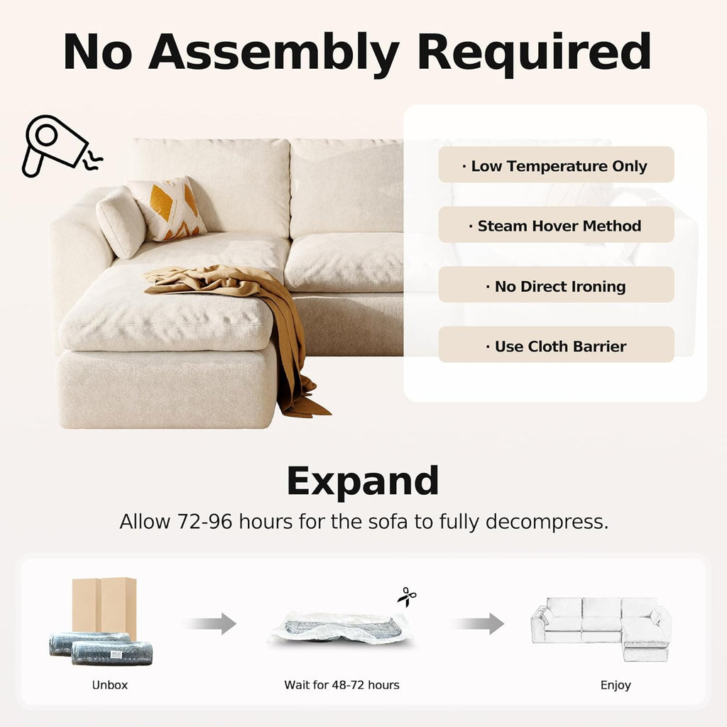 108'' Boneless Cloud couches for Livingroom,Sectional L-Shape Couch with Ottoman,3 Seater Convertible Modular Soft Sofa,White