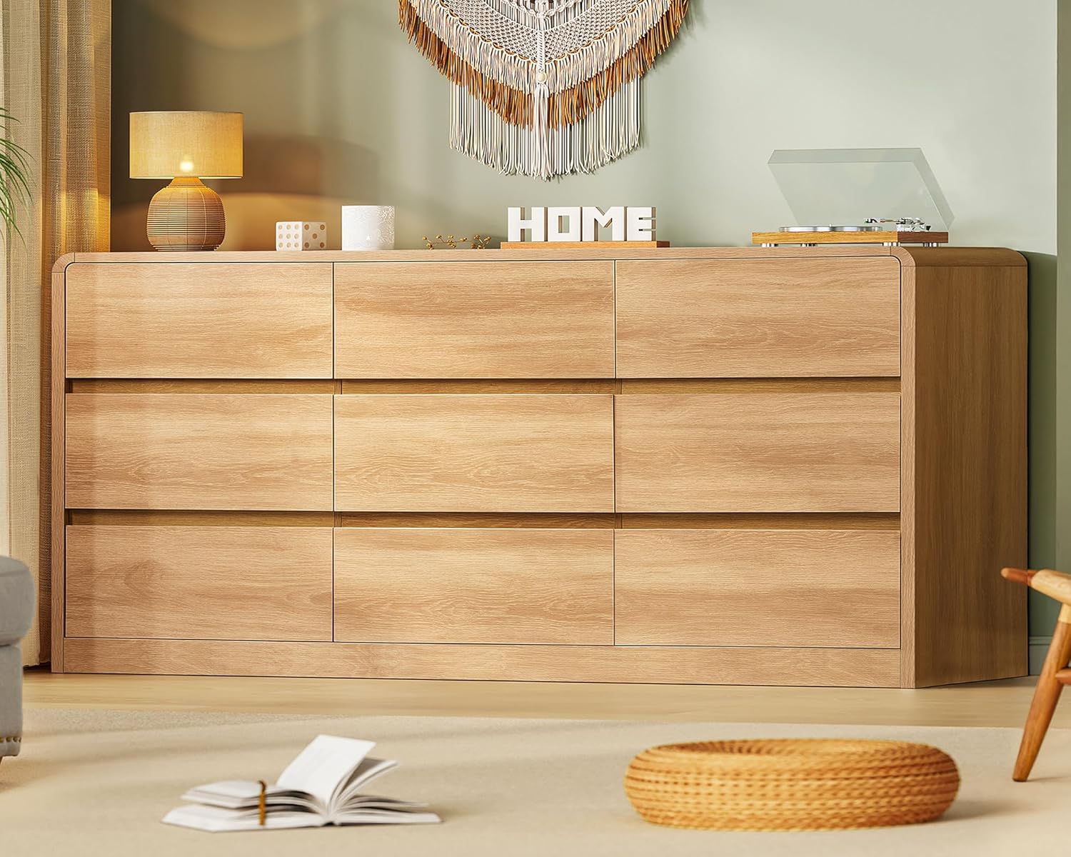 TEENFON 9 Drawer Dresser for Bedroom, 63" Wide Dressers & Chest of Drawers with Curved Profile Design, Wood Closet Storage Dressers Organizer for Bedroom, Living Room, Natural