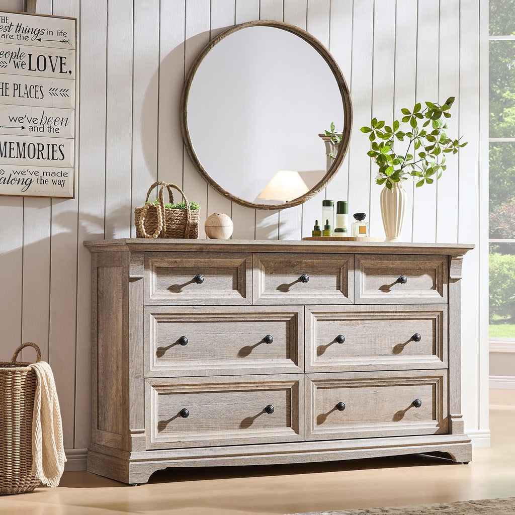 T4TREAM Farmhouse 7 Drawers Dresser for Bedroom, 54" Wide Wood Rustic Chest of Drawers w/Roman Column, Wooden Storage Dressers Organizer for Bedroom, Living Room, Light Rustic Oak