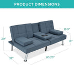 Best Choice Products Linen Modern Folding Futon, Reclining Sofa Bed for Apartment, Dorm w/Removable Armrests, 2 Cupholders - Blue