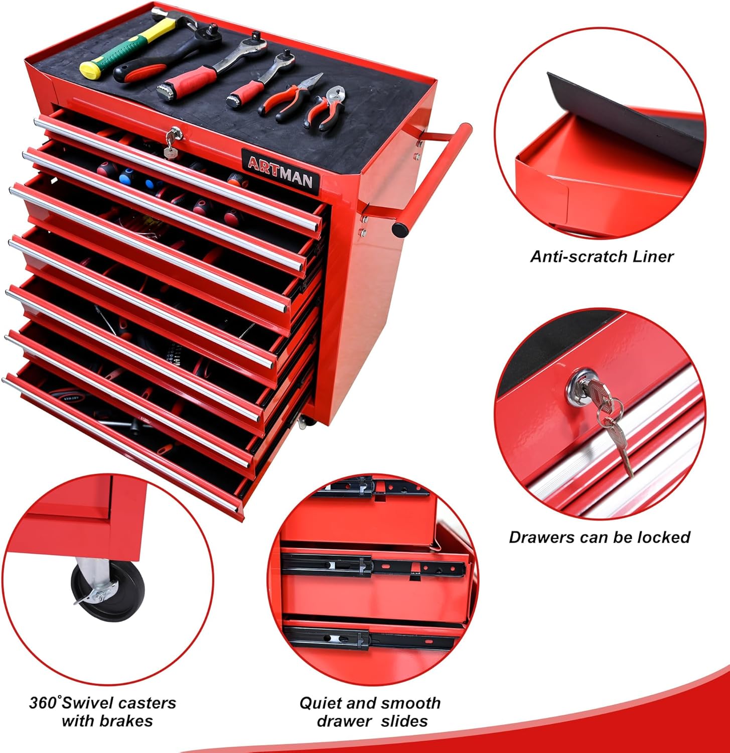 7 Drawers Rolling Tool Cart on Wheels, Multifunctional Organizer Tool Chest Tool Case, Trolley Tool Storage Tool Box for Workshop,Garage,Repair Shop (7 Drawers 24.2" W×12.9" D×29.9" H-Red)