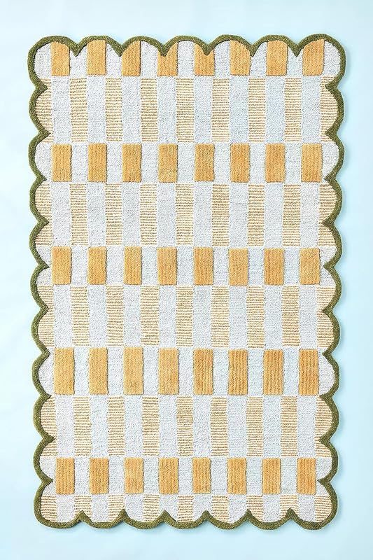 Hand-Tufted Wool Area Rug with Scalloped Edges, Plaid Pattern, Cozy Soft Accent Rug for Living Room, Bedroom, and Nursery, Handmade Decorative Carpet (5x8 Feet)