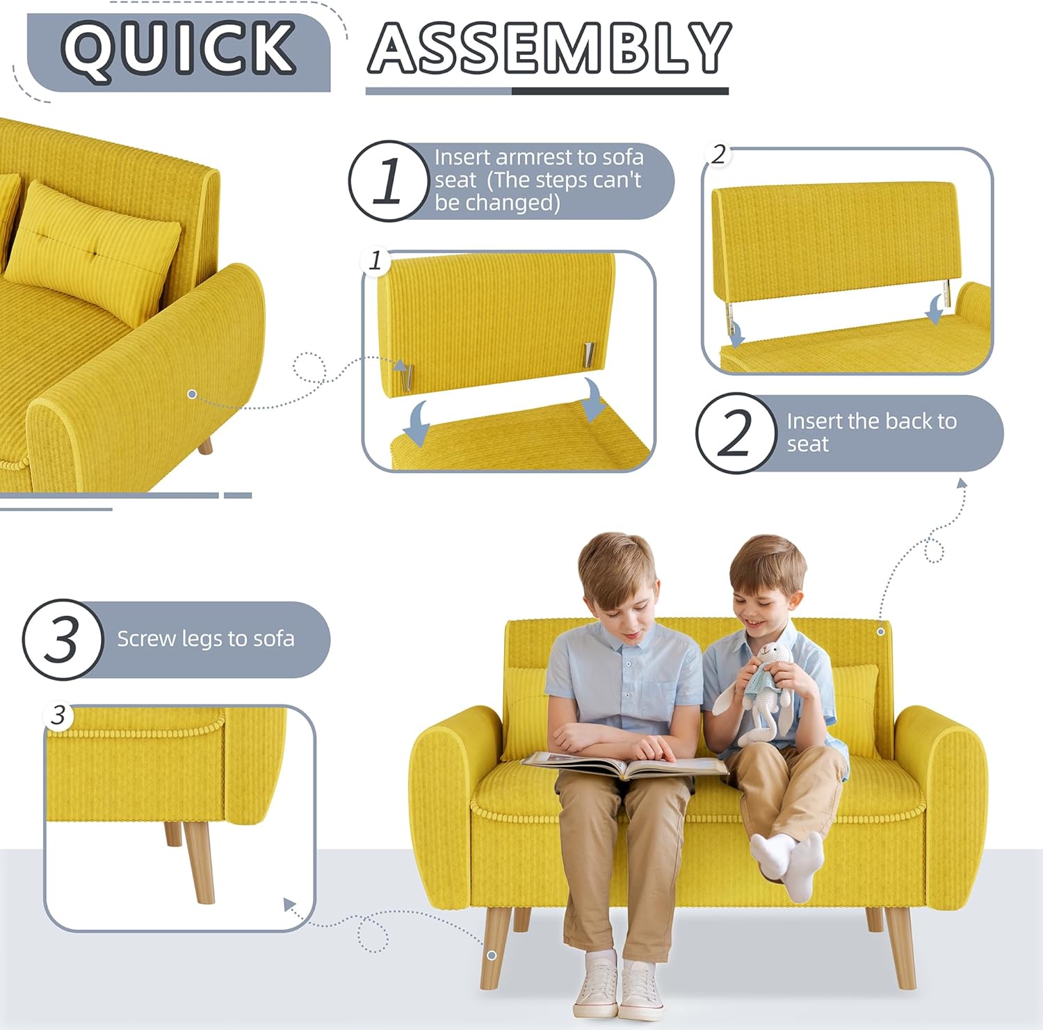 Shintenchi 47" Small Modern Loveseat Couch Sofa, Fabric Upholstered 2-Seat Sofa, Love Seat Furniture with 2 Pillows, Wood Leg for Small Space, Living Room, Bedroom, Apartment, Yellow