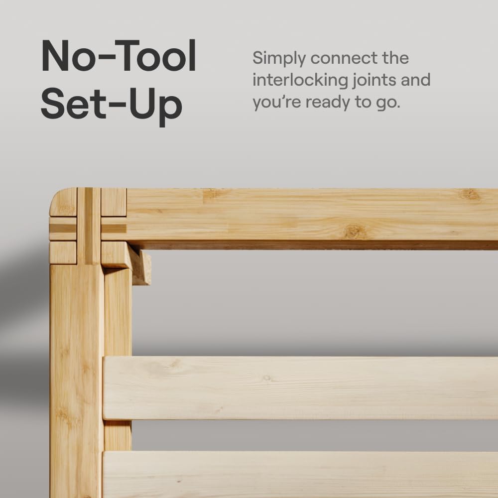 Nectar Bamboo Platform Bed Frame & Headboard - Natural - Queen - Floating Center Support Legs - 12” Height - Easy Tool Free Set Up - Contemporary - Sturdy Wooden Support Slats - Holds Up To 800 Pounds