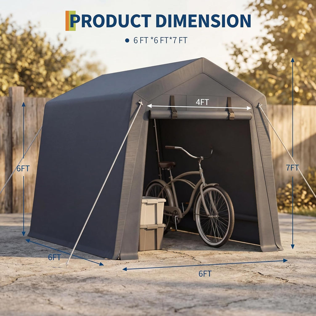 6x6FT Carport, Heavy Duty Motorcycle Shed with Waterproof PE Tarp, Portable Outdoor Storage Shed for Bikes and Firewood, All-Weather Car Shelter with Roll-Up Zipper Door, 6x6FT, Gray