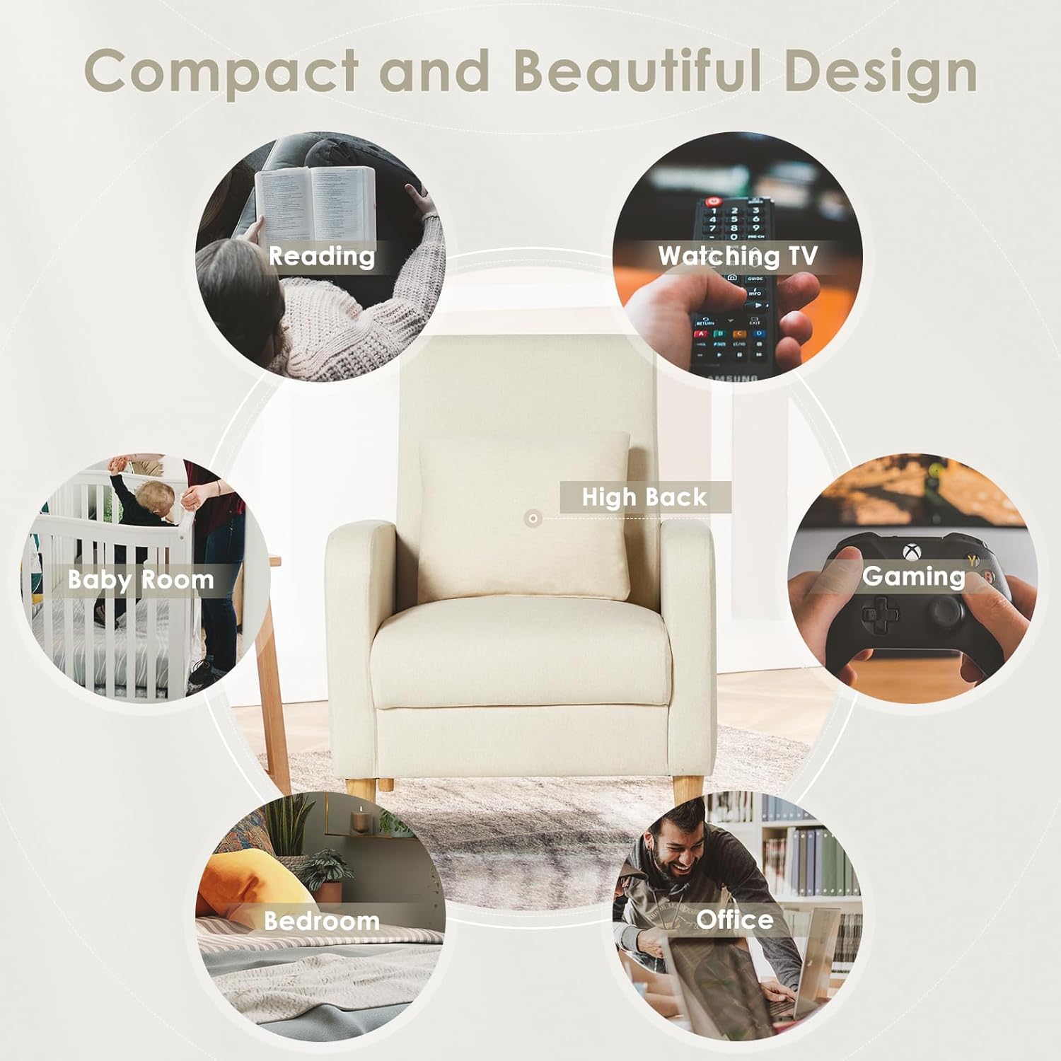 COLAMY Sherpa Upholstered Accent Chair Armchair with Pillow, Fabric Reading Living Room Side Chair,Single Sofa with Lounge Seat and Wood Legs, Cream