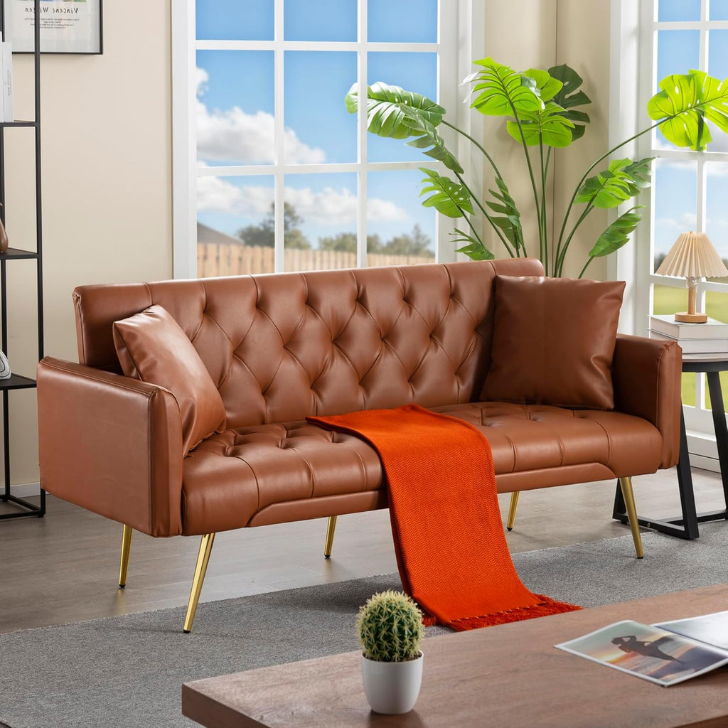 Anwick 72" Modern PU Leather Sofa Bed Futon,Convertible Folding Sleeper Bed Couches with 3 Adjustable Backrests,Tufted Recliner Loveseat with Golden Chrome Legs for Small Living Room Office (Brown)