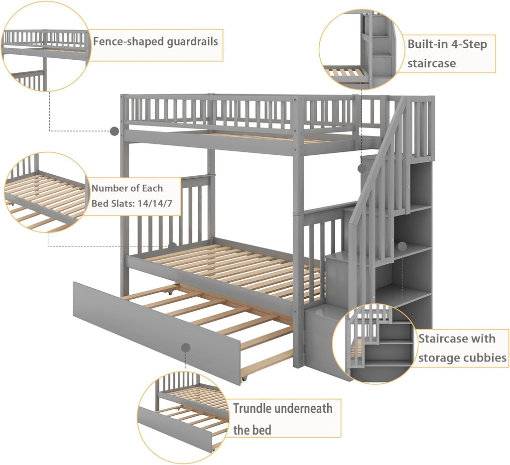 Merax Twin Over Twin Bunk Bed with Trundle, Storage Staircase and Full Length Guardrail, Solid Wood Stairway Bunk Bed, No Spring Box Needed (Grey)
