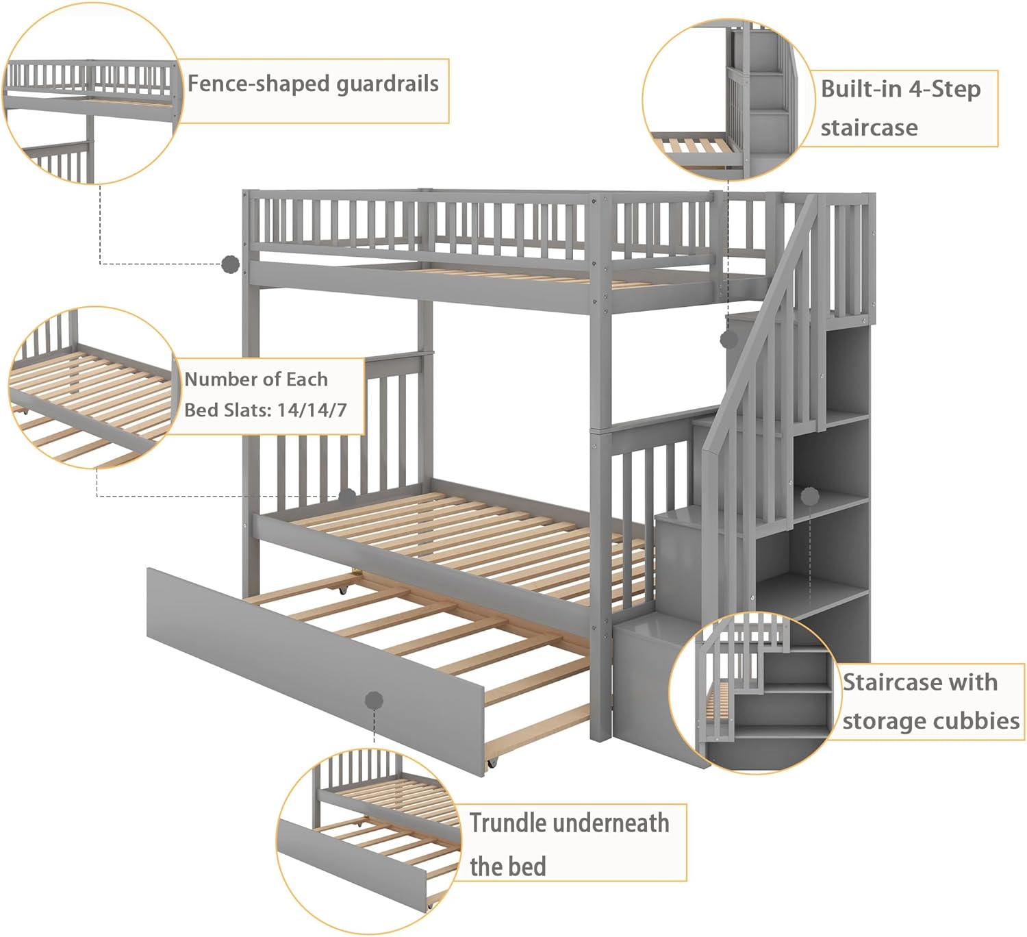 Merax Twin Over Twin Bunk Bed with Trundle, Storage Staircase and Full Length Guardrail, Solid Wood Stairway Bunk Bed, No Spring Box Needed (Grey)