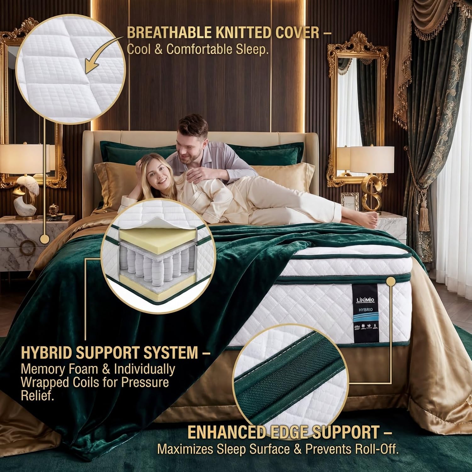 LIKIMIO 12 Inch Queen Size Mattress, 2-in-1 Hybrid Mattress w/Memory Foam & Pocket Springs in A Box, Oeko-TEX & CertiPUR-US Certified, Made in USA