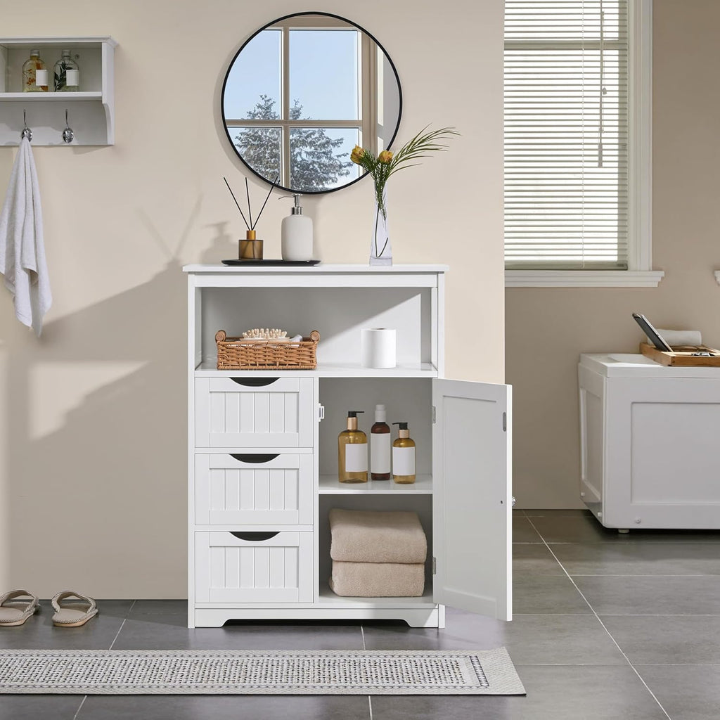 Yaheetech Bathroom Storage Cabinet Bathroom Floor Cabinet Freestanding Storage and Organizer with Door, 3 Drawers, Adjustable Shelf, 35.5 Inches Height, White