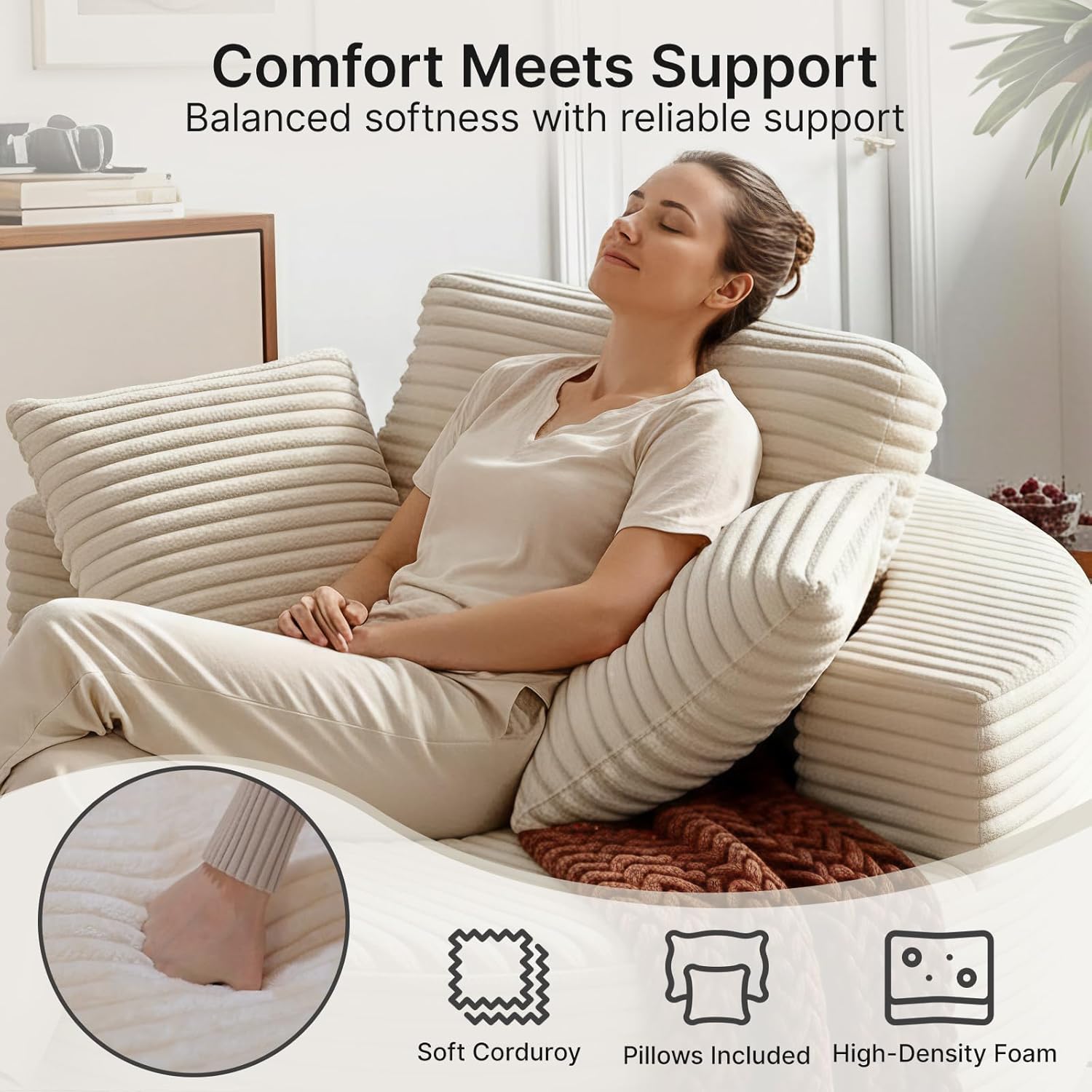 55-inch Corduroy Sofa Oversized Round Chaise Lounge Chair Indoor No Installation & Easy to Transport Modern Upholstered Corduroy