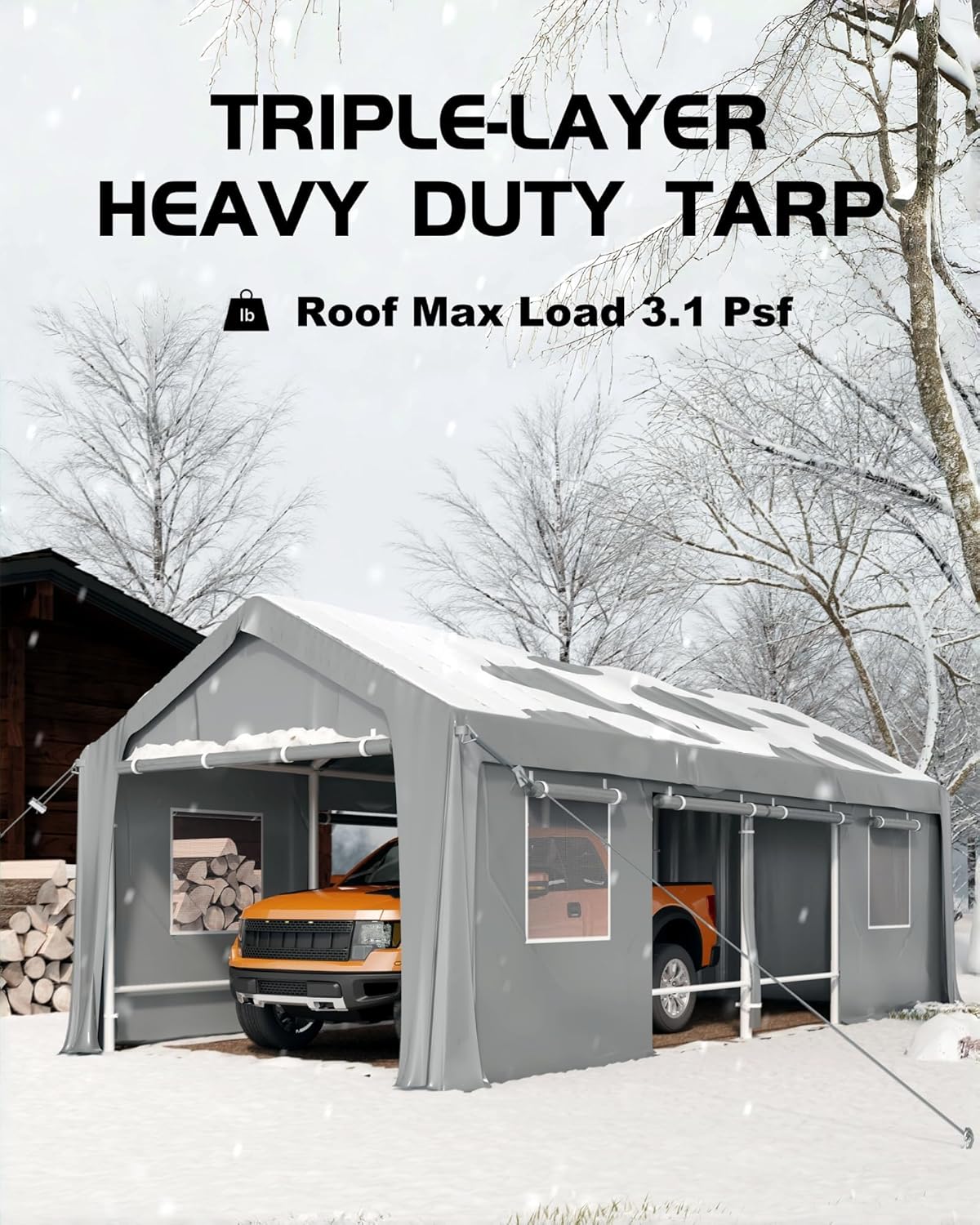 13x25 ft Carport Canopy Replacement Cover, Heavy Duty 200G PE Waterproof Canopy Top, UV-Resistant & Windproof Tarp for Outdoor Carport Tent, Patio, Car, Boat & Garage-Grey