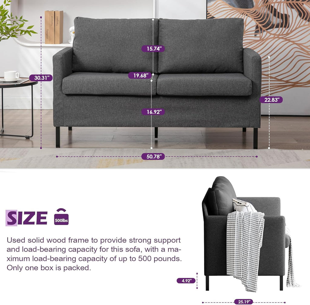 TYBOATLE Linen Fabric Modern Small Loveseat Sofa Couch for Living Room, 51" W Little Upholstered 2-Seater Mini Love Seats w/Iron Legs for Small Space, Apartment, Bedroom, Dorm, Office (Dark Grey)