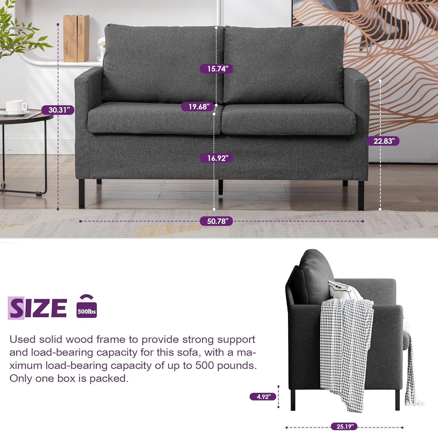 TYBOATLE Linen Fabric Modern Small Loveseat Sofa Couch for Living Room, 51" W Little Upholstered 2-Seater Mini Love Seats w/Iron Legs for Small Space, Apartment, Bedroom, Dorm, Office (Dark Grey)