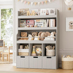 HITHOS 55.3" H Kids Bookshelf with Toy Storage Organizer, Tall Book Shelf with 3 Movable Toy Storage Bins, Large Kids Bookcase with Toy Chest, 39.2" W Modern Toys Box for Kid Room, Playroom, Gray