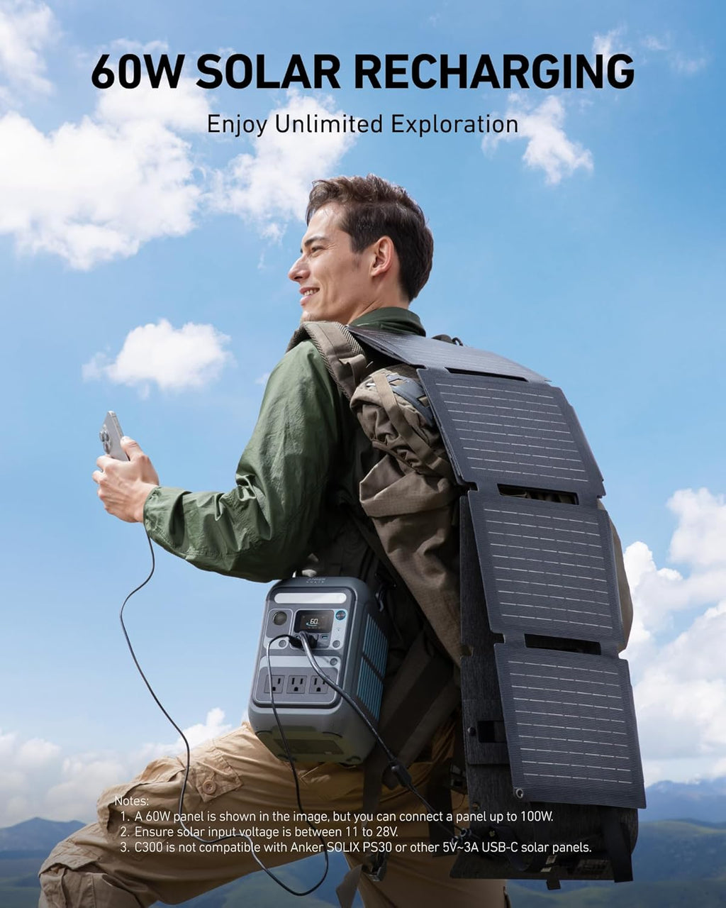 Anker Solar Generator SOLIX C300 with 60W Solar Panel  288Wh Portable Power Station  300W (600W Surge)  LiFePO4 Battery  140W Two-Way Fast Charging  for Outdoor Camping  Traveling  and Emergencies