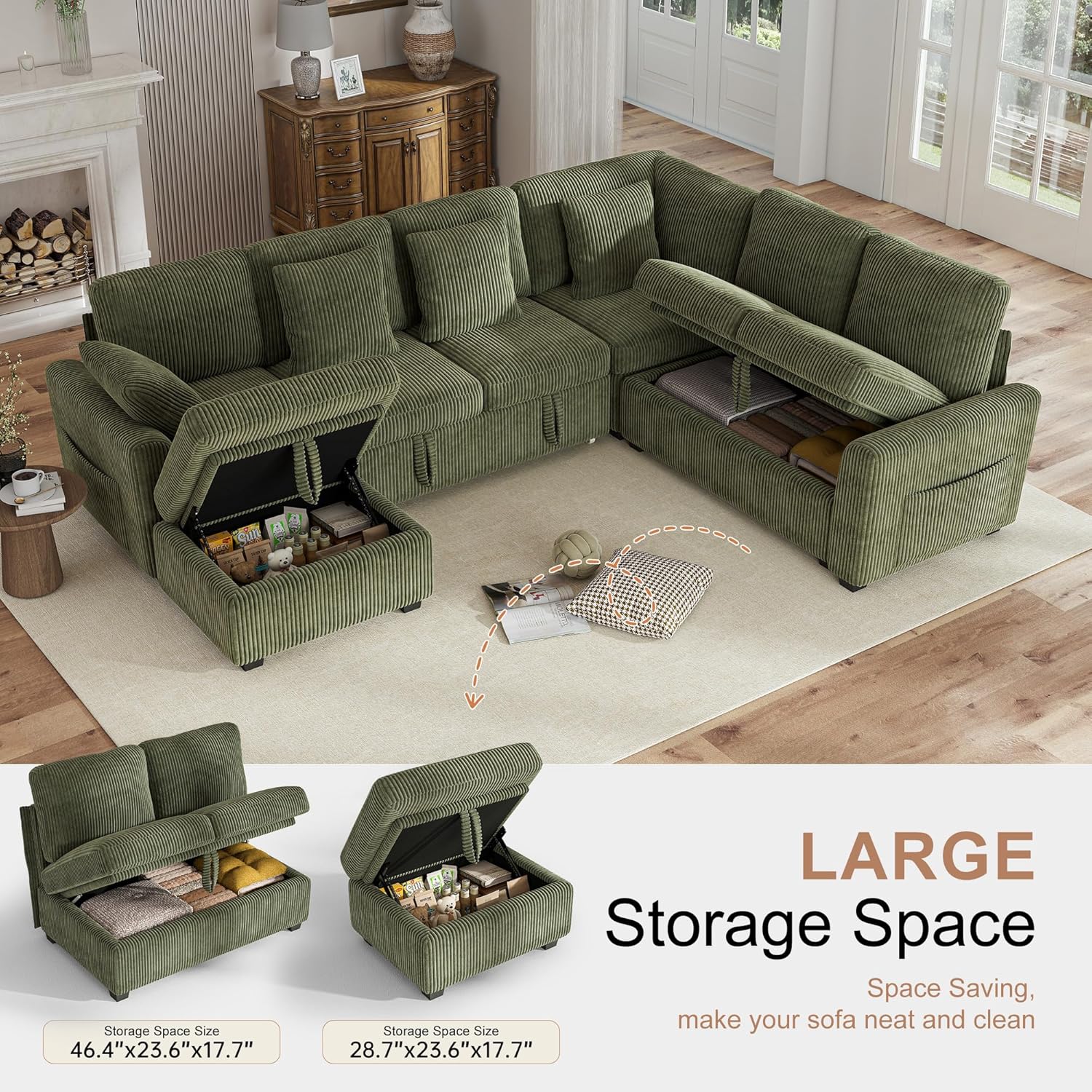 Hanherry Sectional Couch with Pull Out Sofa Bed,Corduroy Sleeper Sofa with Storage Ottoman & USB Charging,Comfy L Shaped Modular Couches for Living Room,Apartment
