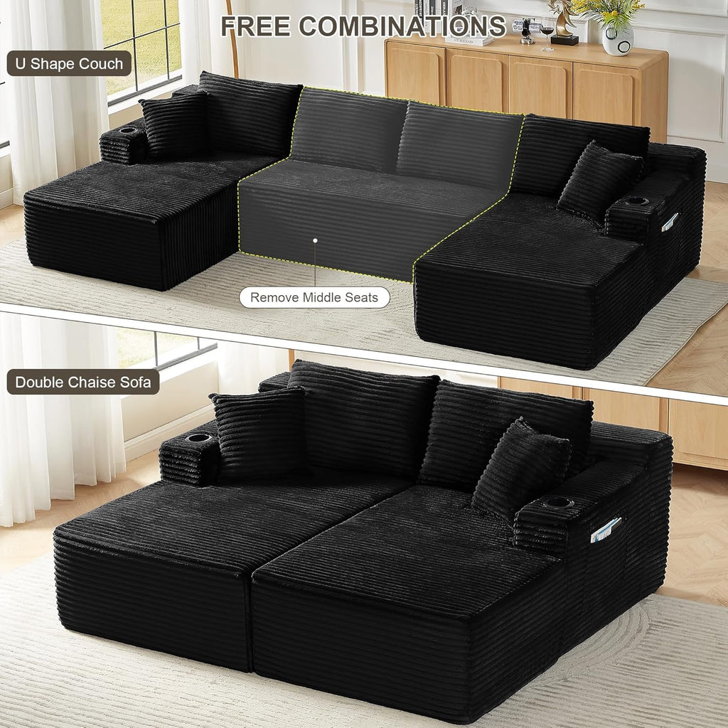 GNIXUU 133.5" Oversized U Shaped Black Boneless Sectional Couch with Cup Holders, Modular Sectional Cloud Sofa with Storage Pocket, Deep Seat Plush Corduroy Couches for Living Room, No Assembly! | easy to move around, 2 extra pillows, modular design