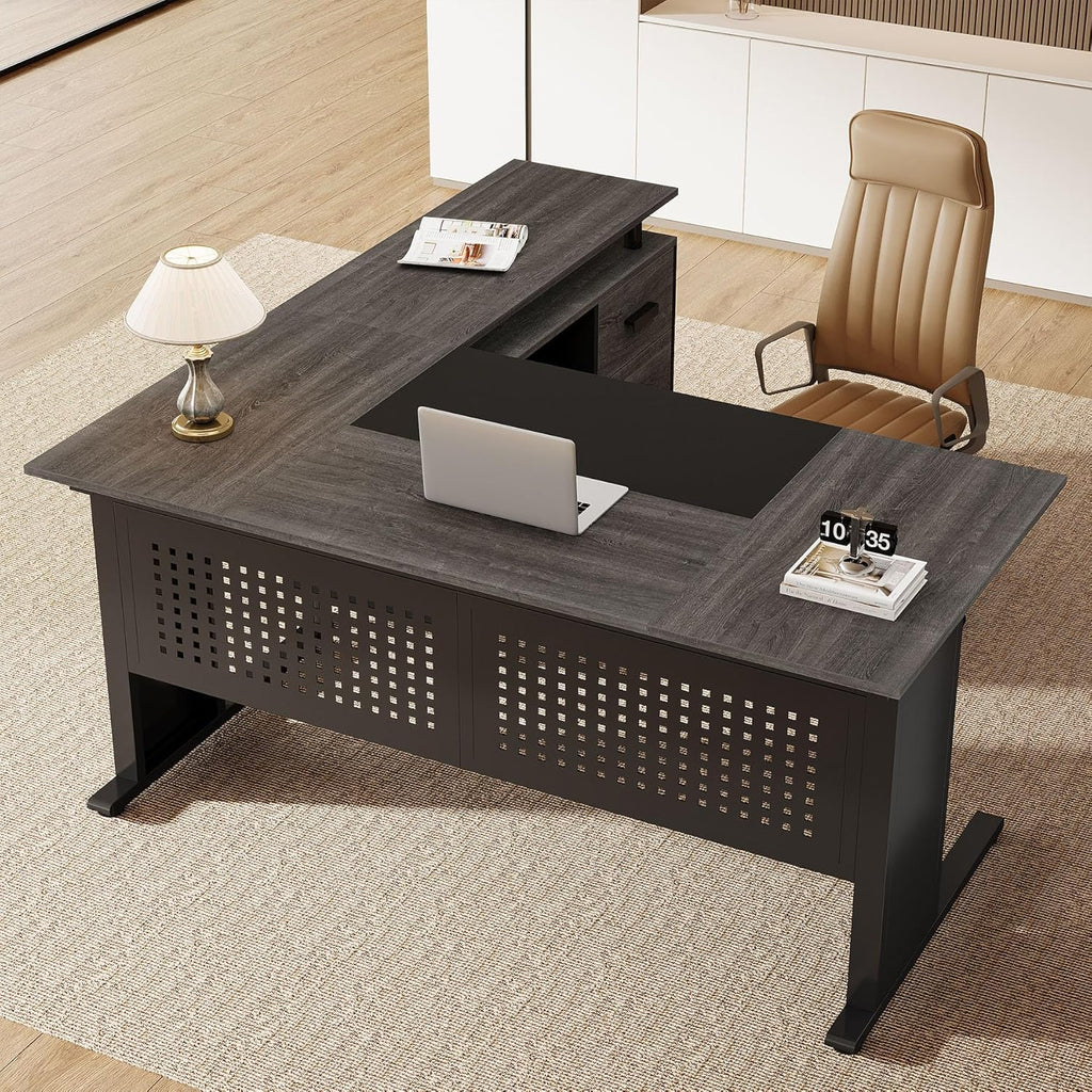 Tribesigns 63-Inch L-Shaped Executive Desk with Storage Shelves, Large Office Computer Desk with Drawers and File Cabinet, Industrial Business Workstation for Home Office, Gray and Black