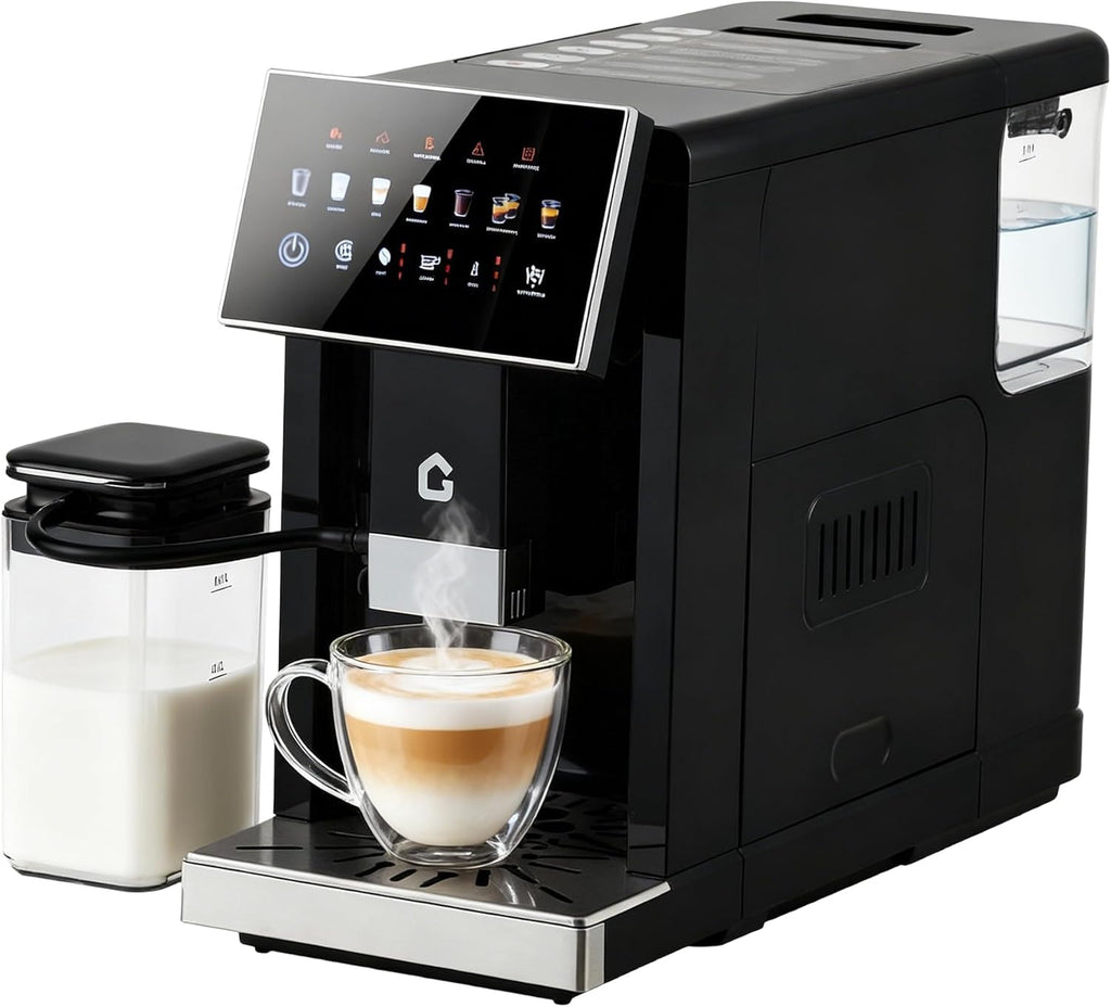 3rd-Gen Espresso Coffee Maker with Milk Frother - Removable Brewer & Grinder, Adjustable Coarseness/Flavor, 3-Level Coffee/Milk Volume, Detachable Milk Tank - Sleek Black Spray Paint for Home Baristas