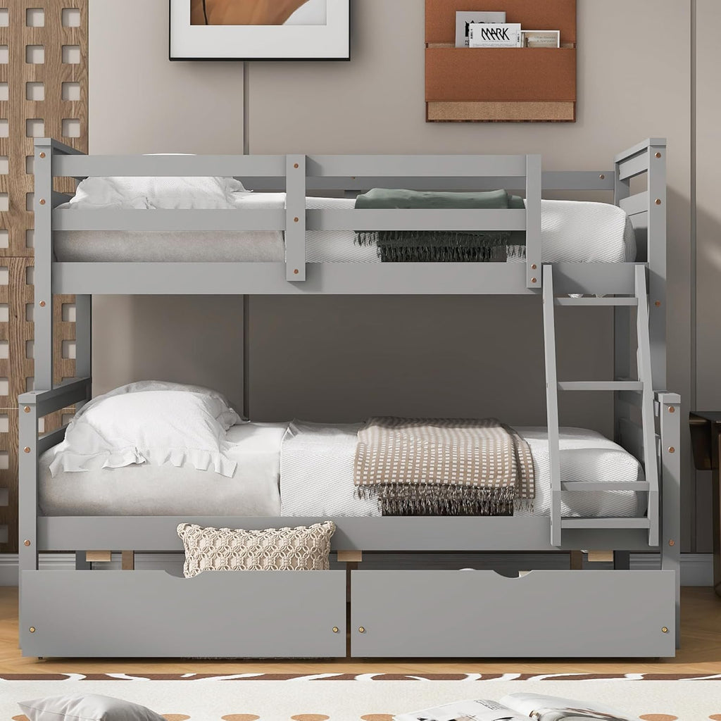 Merax Twin Over Full Bunk Bed with 2 Storage Drawers, Ladder and Guardrail, Can be Converted into 2 Separated beds, Grey