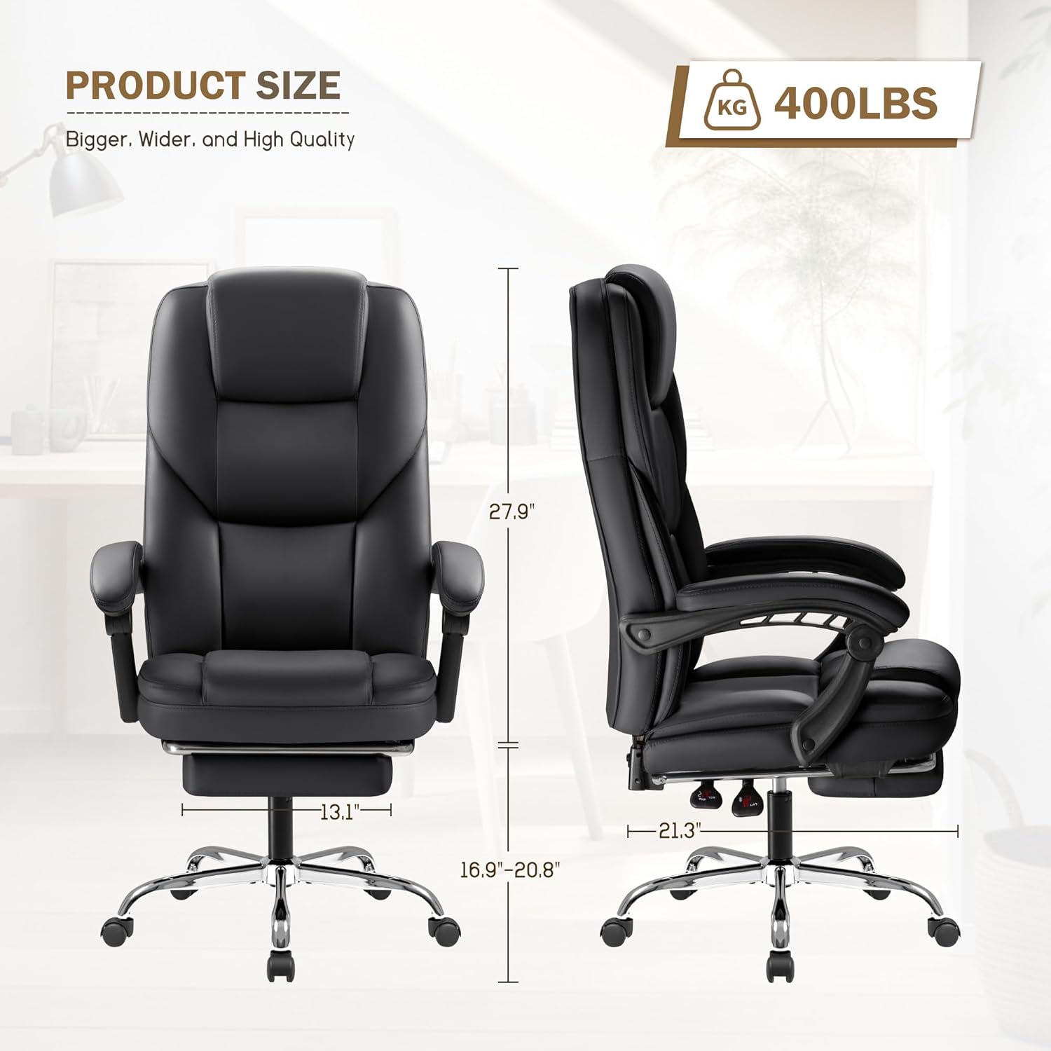 Furmax Executive Office Chair with Foot Rest Big and Tall Office Chair Ergonomic Home Office Desk Chairs Reclining High Back Leather Chair with Lumbar Support, 400LBS (Black)