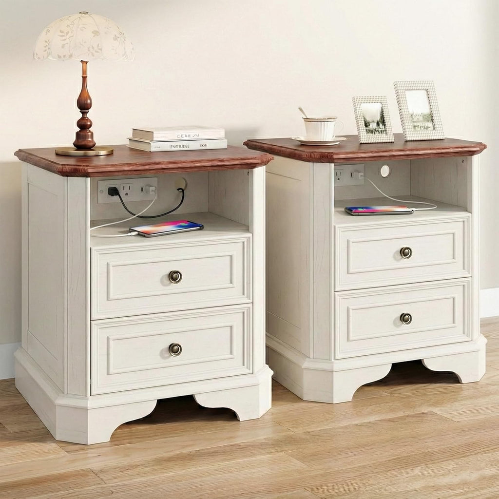 24" White Nightstand with Charging Station, Set of 2 Modern Farmhouse Bedside Table with 2 Drawers and Open Shelf, Traditional Wood End Table with Outlets and USB Ports